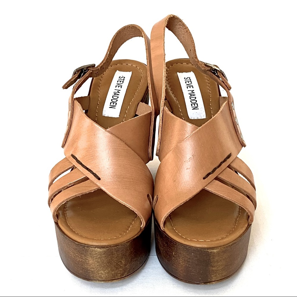 Steve Madden Leather and Wood Block Heel Platform Sandals